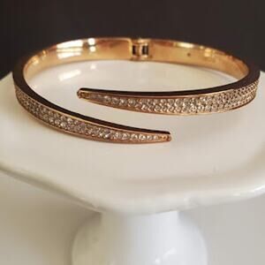 Michael‎ Kors Rose Gold Hinged Bangle with Clear Crystals Wrap Cuff Bracelet